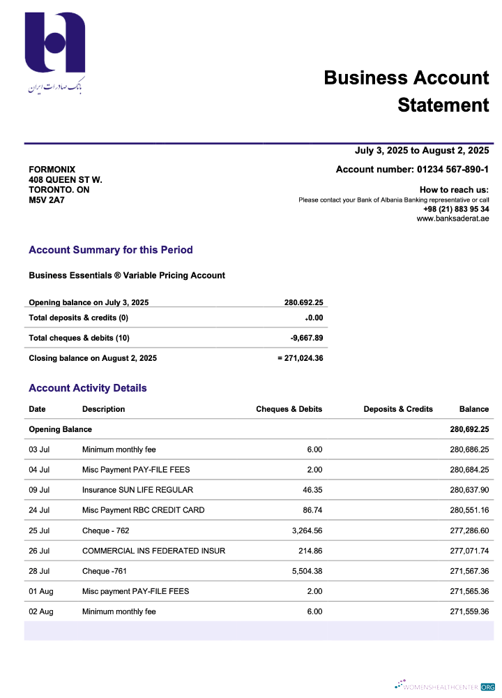 Download Persian Bank Saderat Persian firm account statement Word and PDF template Photoshop template